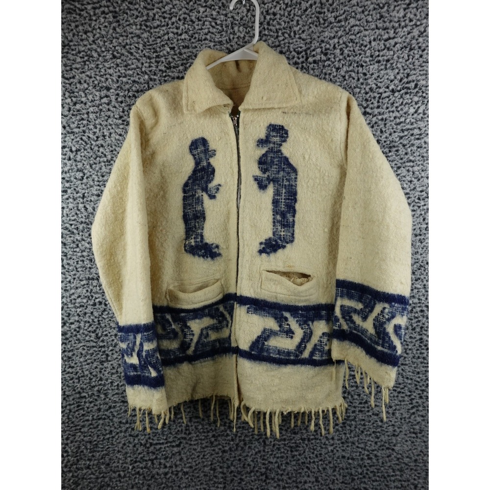 Vintage 50s Mens Medium Wool Knit Fringed Southwestern Birds Full‎ Zip Jacket